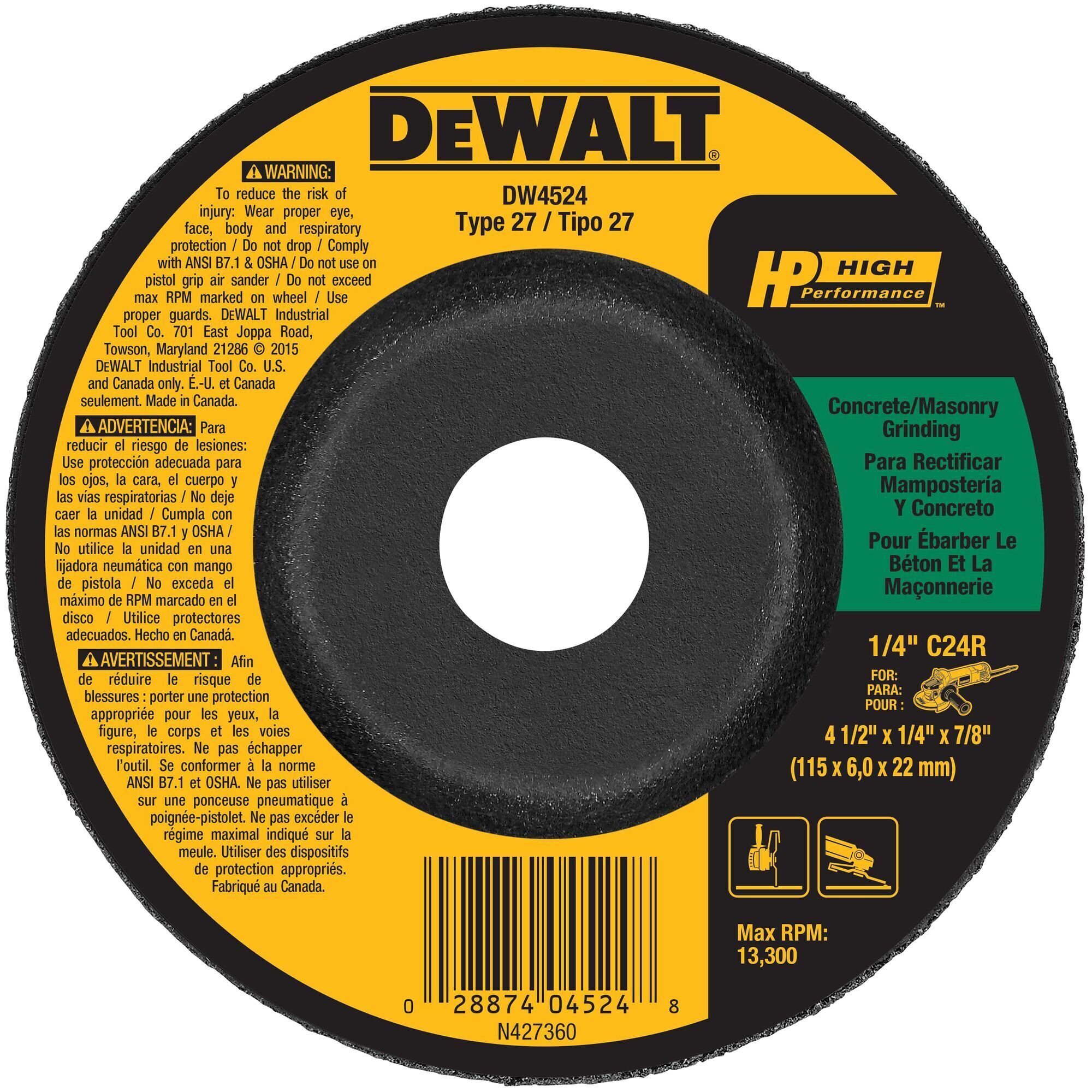DEWALT 4-1/2-Inch By 1/4-Inch By 7/8-Inch Concrete/Masonry Grinding Wheel DW4524